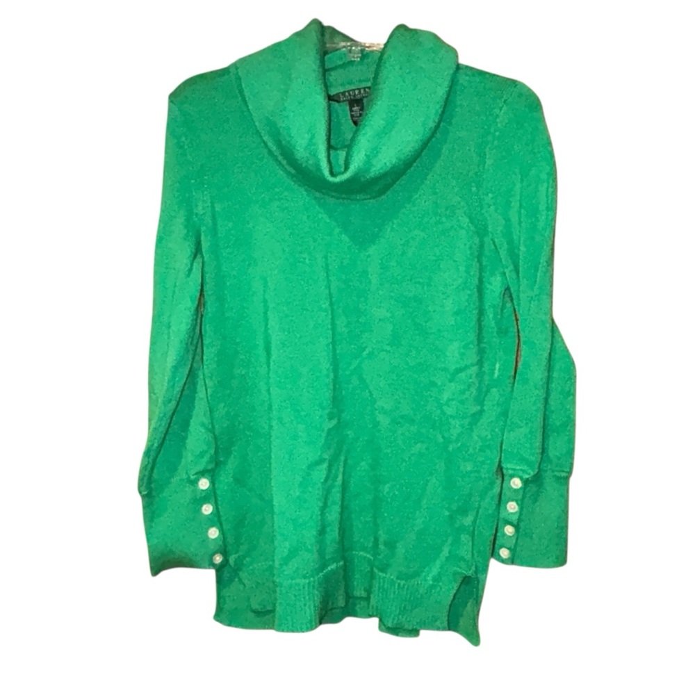 Lauren Ralph Lauren Womens Green Cowl Neck Wool Blend Sweater Button Cuff Large